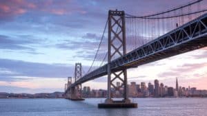 Sunset over Bay Bridge and San Francisco Skyline, California